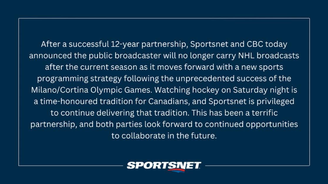 C’est la fin pour Hockey Night In Canada à CBC