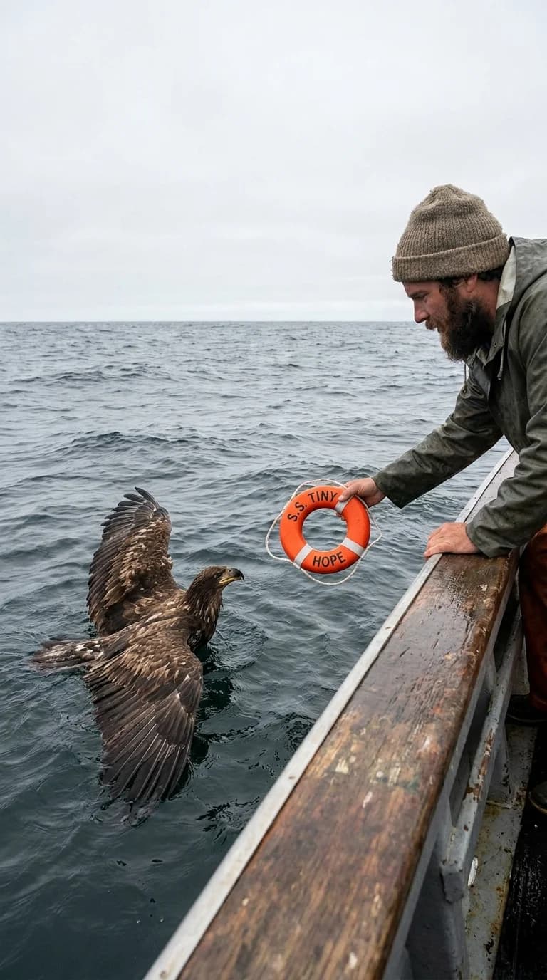 Sailor Rescues Exhausted Young Eagle Found Swimming Miles Offshore